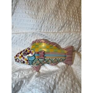 MacKenzie-Childs Ceramic Fish Knob 5in Colorful Checker Pink Pull Handle